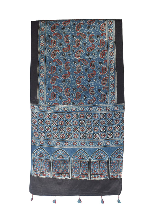 Ajrakh Mashru Silk Natural Dye Hand Block Print Stole With Tassels - 2 Mtr Length    -  SKU : MS10B01P
