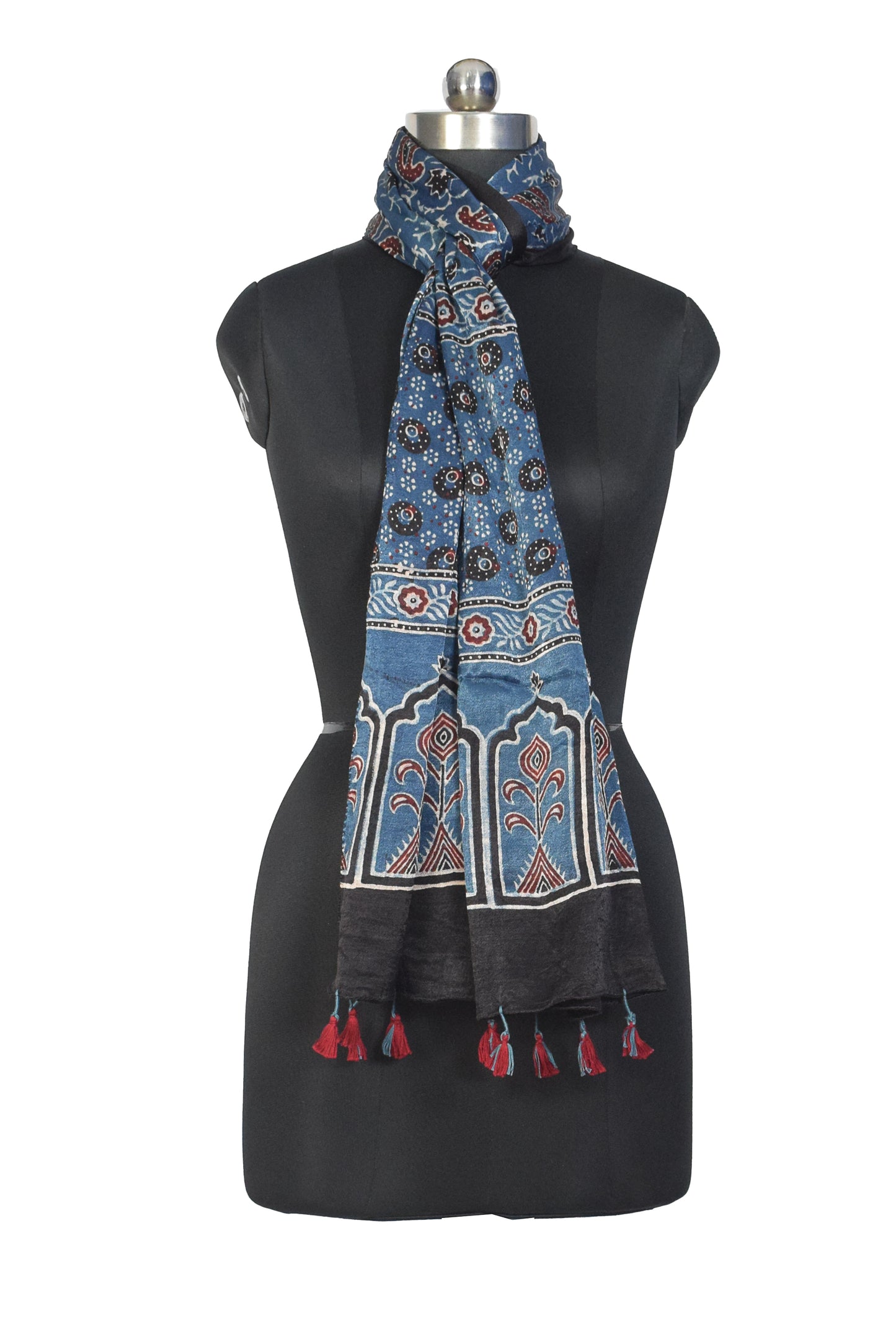 Ajrakh Mashru Silk Natural Dye Hand Block Print Stole With Tassels - 2 Mtr Length    -  SKU : MS10B01P