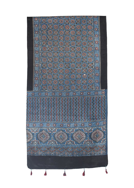 Ajrakh Mashru Silk Natural Dye Hand Block Print Stole With Tassels - 2 Mtr Length    -  SKU : MS10B01Q