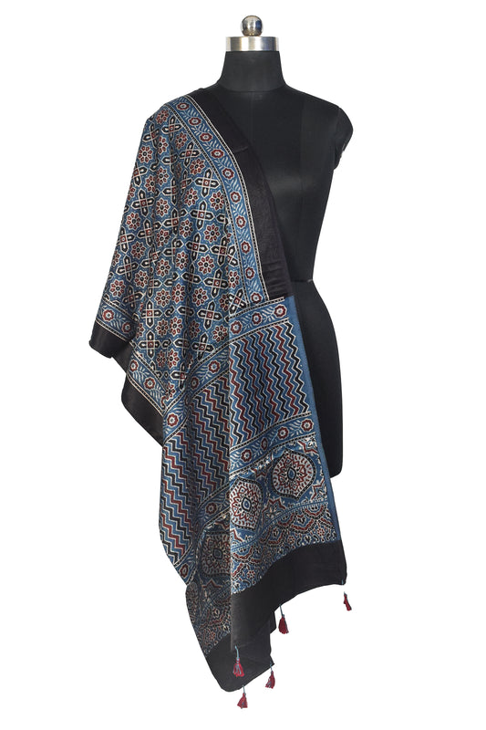 Ajrakh Mashru Silk Natural Dye Hand Block Print Stole With Tassels - 2 Mtr Length - SKU : MS10B01Q