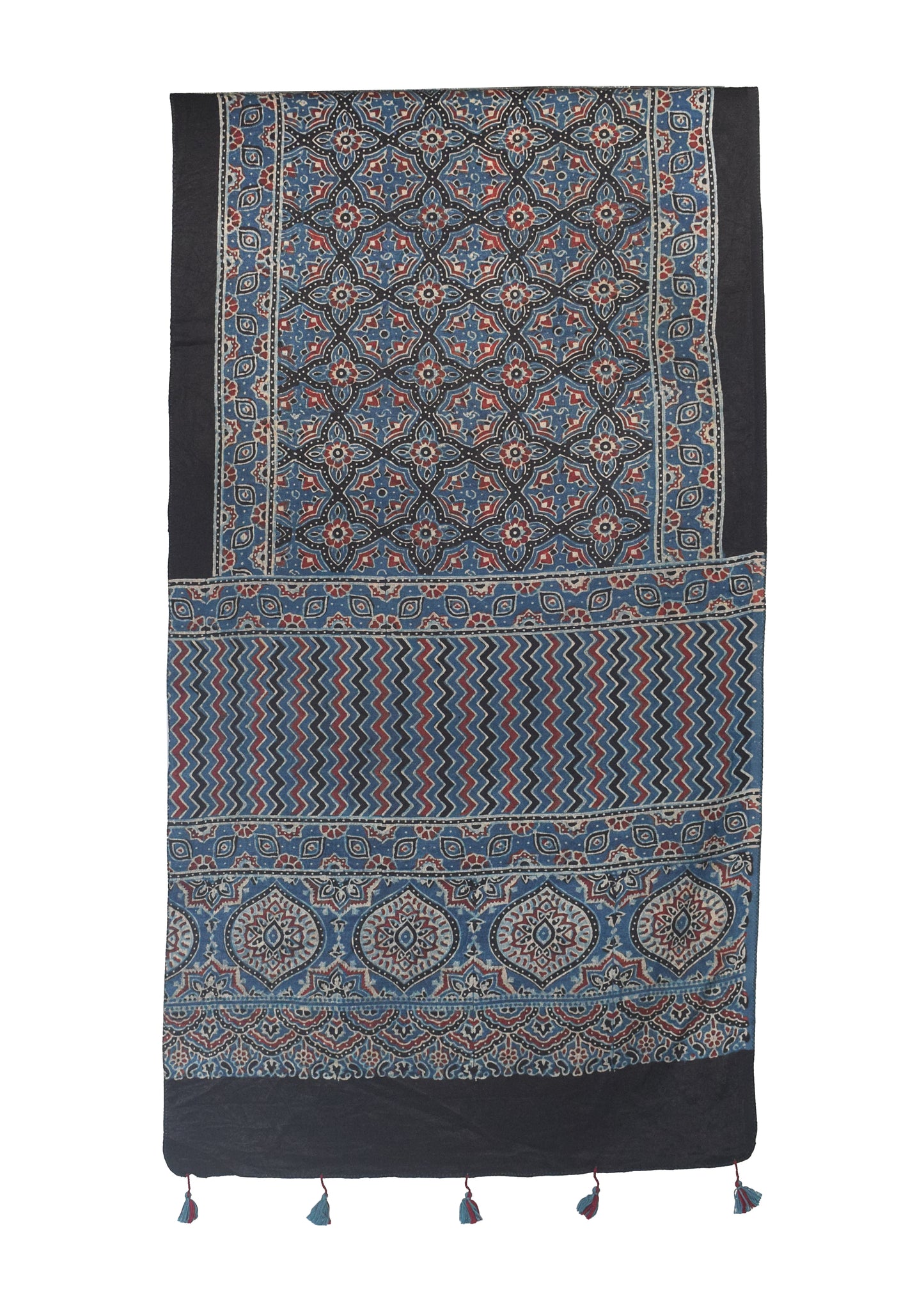 Ajrakh Mashru Silk Natural Dye Hand Block Print Stole With Tassels - 2 Mtr Length    -  SKU : MS10B01R