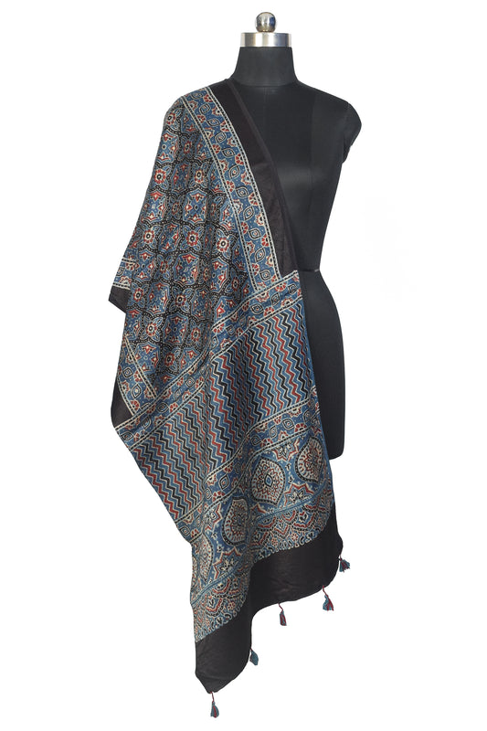 Ajrakh Mashru Silk Natural Dye Hand Block Print Stole With Tassels - 2 Mtr Length - SKU : MS10B01R