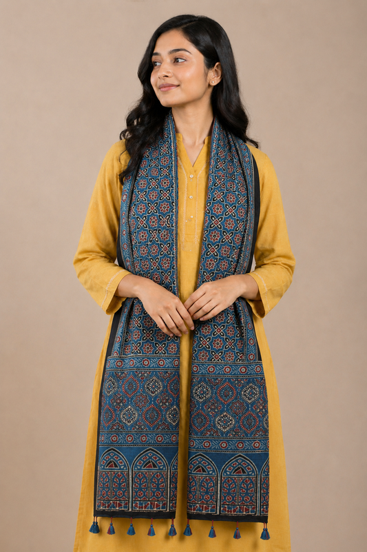 Ajrakh Mashru Silk Natural Dye Hand Block Print Stole With Tassels - 2 Mtr Length    -  SKU : MS10B01S