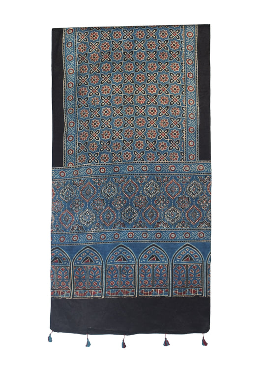 Ajrakh Mashru Silk Natural Dye Hand Block Print Stole With Tassels - 2 Mtr Length - SKU : MS10B01S