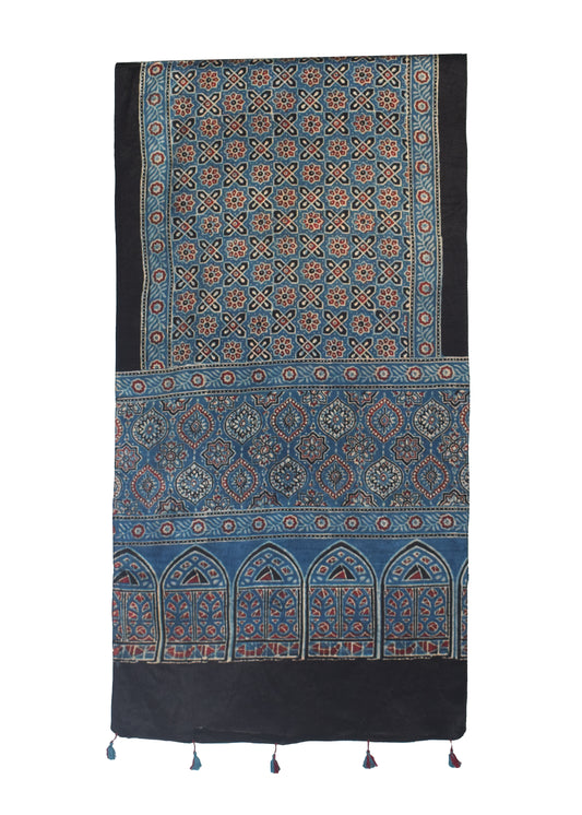 Ajrakh Mashru Silk Natural Dye Hand Block Print Stole With Tassels - 2 Mtr Length    -  SKU : MS10B01S