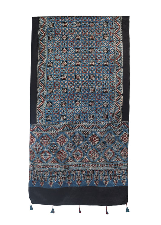 Ajrakh Mashru Silk Natural Dye Hand Block Print Stole With Tassels - 2 Mtr Length    -  SKU : MS10B01T