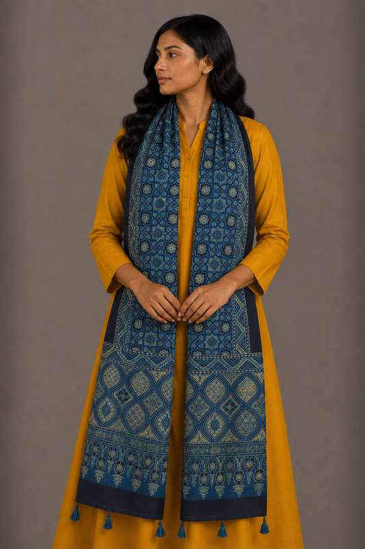 Ajrakh Mashru Silk Natural Dye Hand Block Print Stole With Tassels - 2 Mtr Length    -  SKU : MS10B0AB
