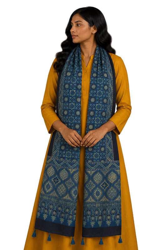 Ajrakh Mashru Silk Natural Dye Hand Block Print Stole With Tassels - 2 Mtr Length    -  SKU : MS10B0AB