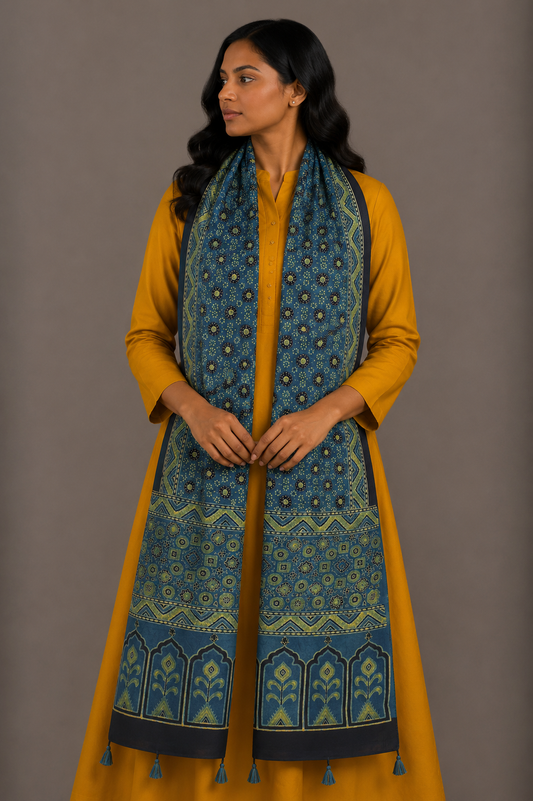 Ajrakh Mashru Silk Natural Dye Hand Block Print Stole With Tassels - 2 Mtr Length    -  SKU : MS10B0AC