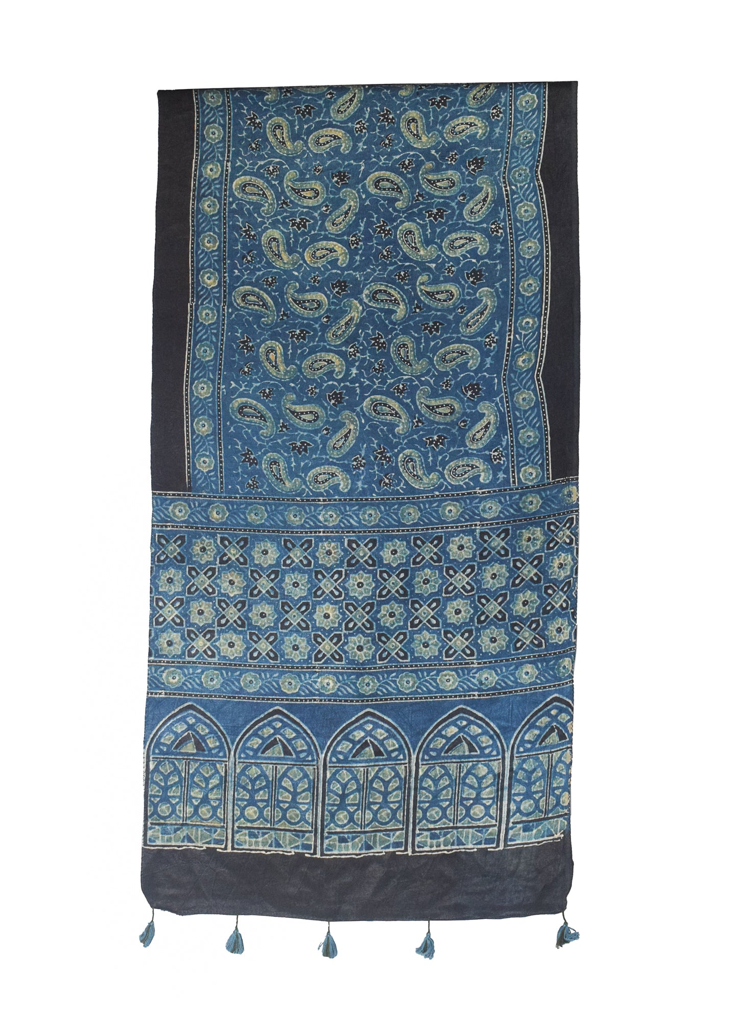 Ajrakh Mashru Silk Natural Dye Hand Block Print Stole With Tassels - 2 Mtr Length    -  SKU : MS10B0AD