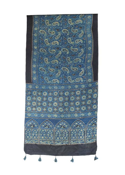 Ajrakh Mashru Silk Natural Dye Hand Block Print Stole With Tassels - 2 Mtr Length    -  SKU : MS10B0AD