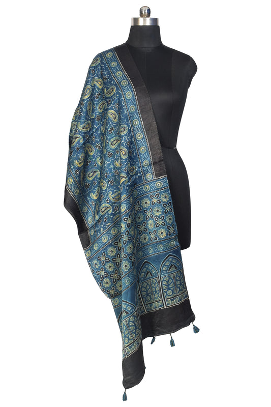 Ajrakh Mashru Silk Natural Dye Hand Block Print Stole With Tassels - 2 Mtr Length - SKU : MS10B0AD
