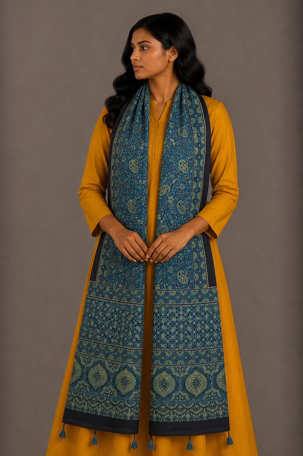 Ajrakh Mashru Silk Natural Dye Hand Block Print Stole With Tassels - 2 Mtr Length    -  SKU : MS10B0AE