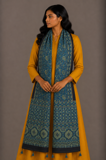 Ajrakh Mashru Silk Natural Dye Hand Block Print Stole With Tassels - 2 Mtr Length    -  SKU : MS10B0AE