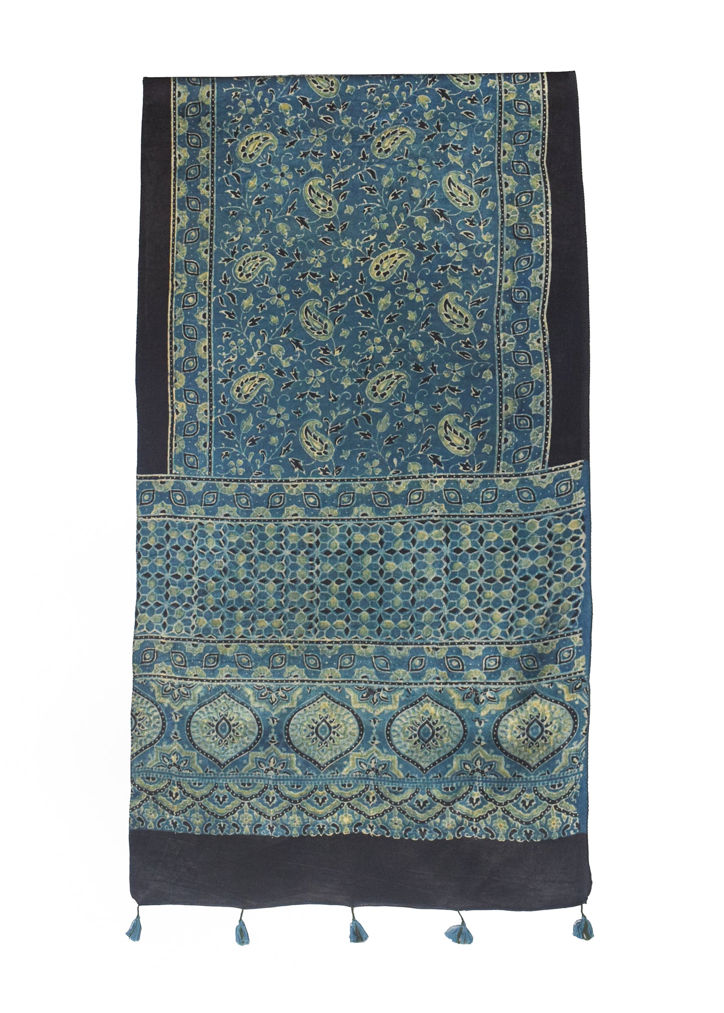 Ajrakh Mashru Silk Natural Dye Hand Block Print Stole With Tassels - 2 Mtr Length    -  SKU : MS10B0AE