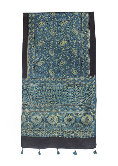 Ajrakh Mashru Silk Natural Dye Hand Block Print Stole With Tassels - 2 Mtr Length    -  SKU : MS10B0AE