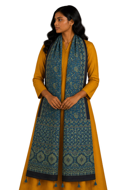 Ajrakh Mashru Silk Natural Dye Hand Block Print Stole With Tassels - 2 Mtr Length    -  SKU : MS10B0AE