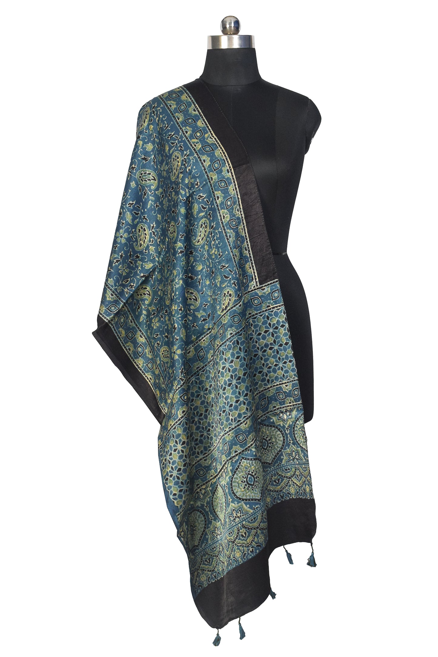 Ajrakh Mashru Silk Natural Dye Hand Block Print Stole With Tassels - 2 Mtr Length    -  SKU : MS10B0AE