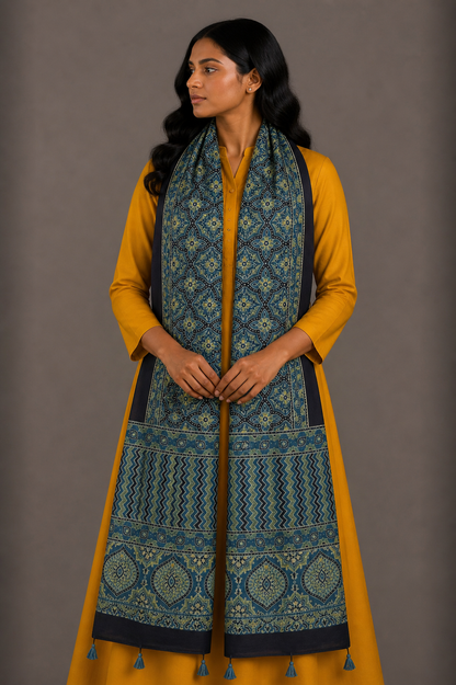 Ajrakh Mashru Silk Natural Dye Hand Block Print Stole With Tassels - 2 Mtr Length    -  SKU : MS10B0AF