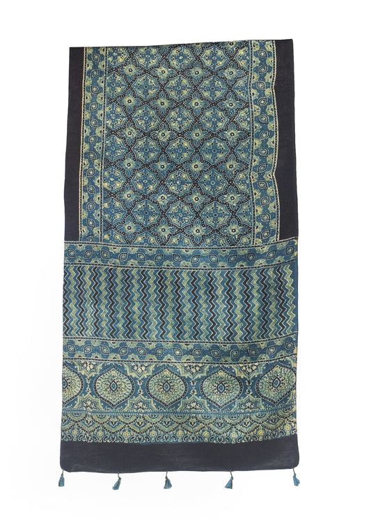 Ajrakh Mashru Silk Natural Dye Hand Block Print Stole With Tassels - 2 Mtr Length    -  SKU : MS10B0AF