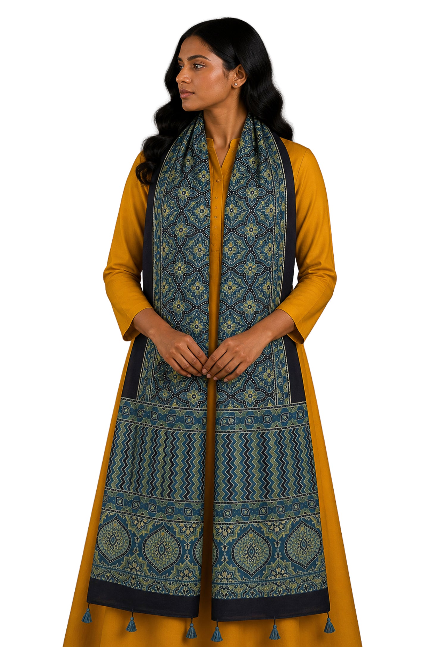 Ajrakh Mashru Silk Natural Dye Hand Block Print Stole With Tassels - 2 Mtr Length    -  SKU : MS10B0AF