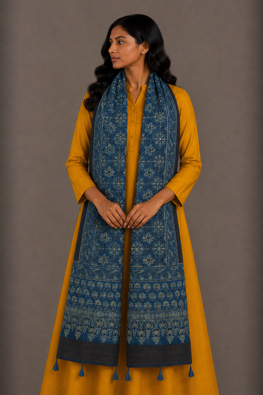 Ajrakh Mashru Silk Natural Dye Hand Block Print Stole With Tassels - 2 Mtr Length    -  SKU : MS10B0AG