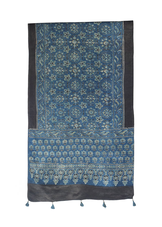 Ajrakh Mashru Silk Natural Dye Hand Block Print Stole With Tassels - 2 Mtr Length    -  SKU : MS10B0AG