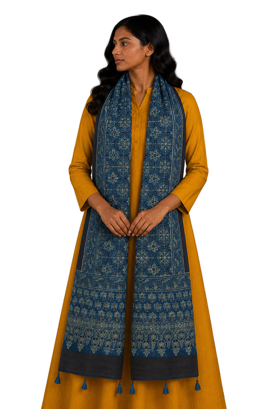 Ajrakh Mashru Silk Natural Dye Hand Block Print Stole With Tassels - 2 Mtr Length - SKU : MS10B0AG