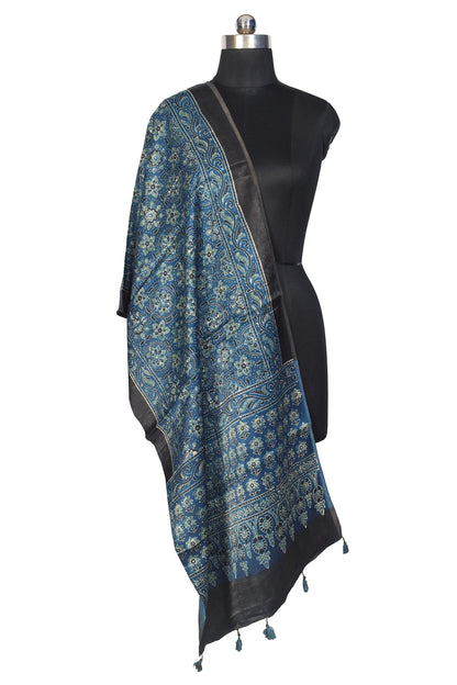 Ajrakh Mashru Silk Natural Dye Hand Block Print Stole With Tassels - 2 Mtr Length    -  SKU : MS10B0AG