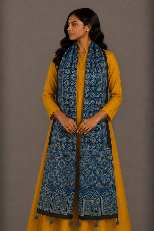 Ajrakh Mashru Silk Natural Dye Hand Block Print Stole With Tassels - 2 Mtr Length    -  SKU : MS10B0AH