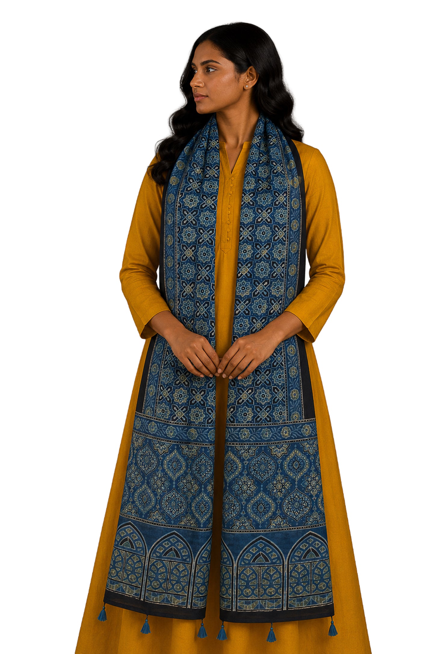 Ajrakh Mashru Silk Natural Dye Hand Block Print Stole With Tassels - 2 Mtr Length    -  SKU : MS10B0AH