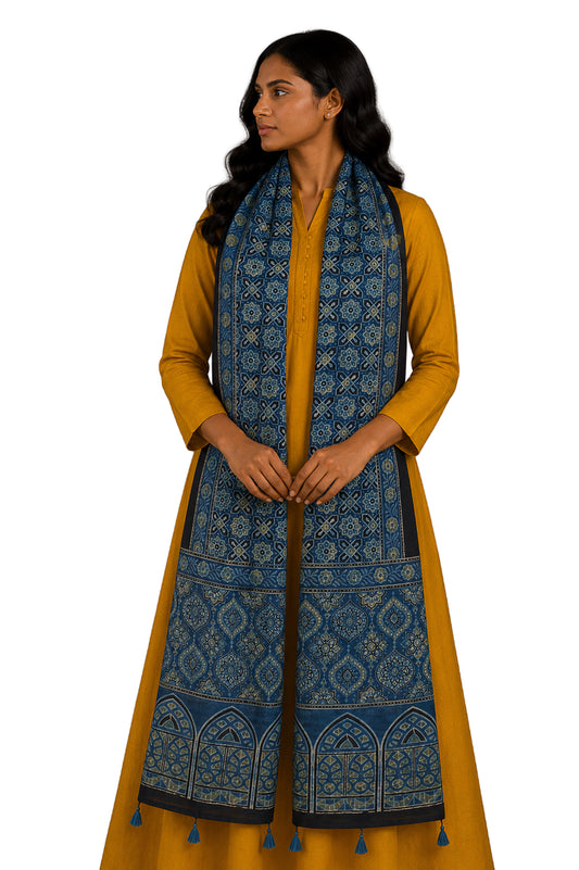 Ajrakh Mashru Silk Natural Dye Hand Block Print Stole With Tassels - 2 Mtr Length    -  SKU : MS10B0AH
