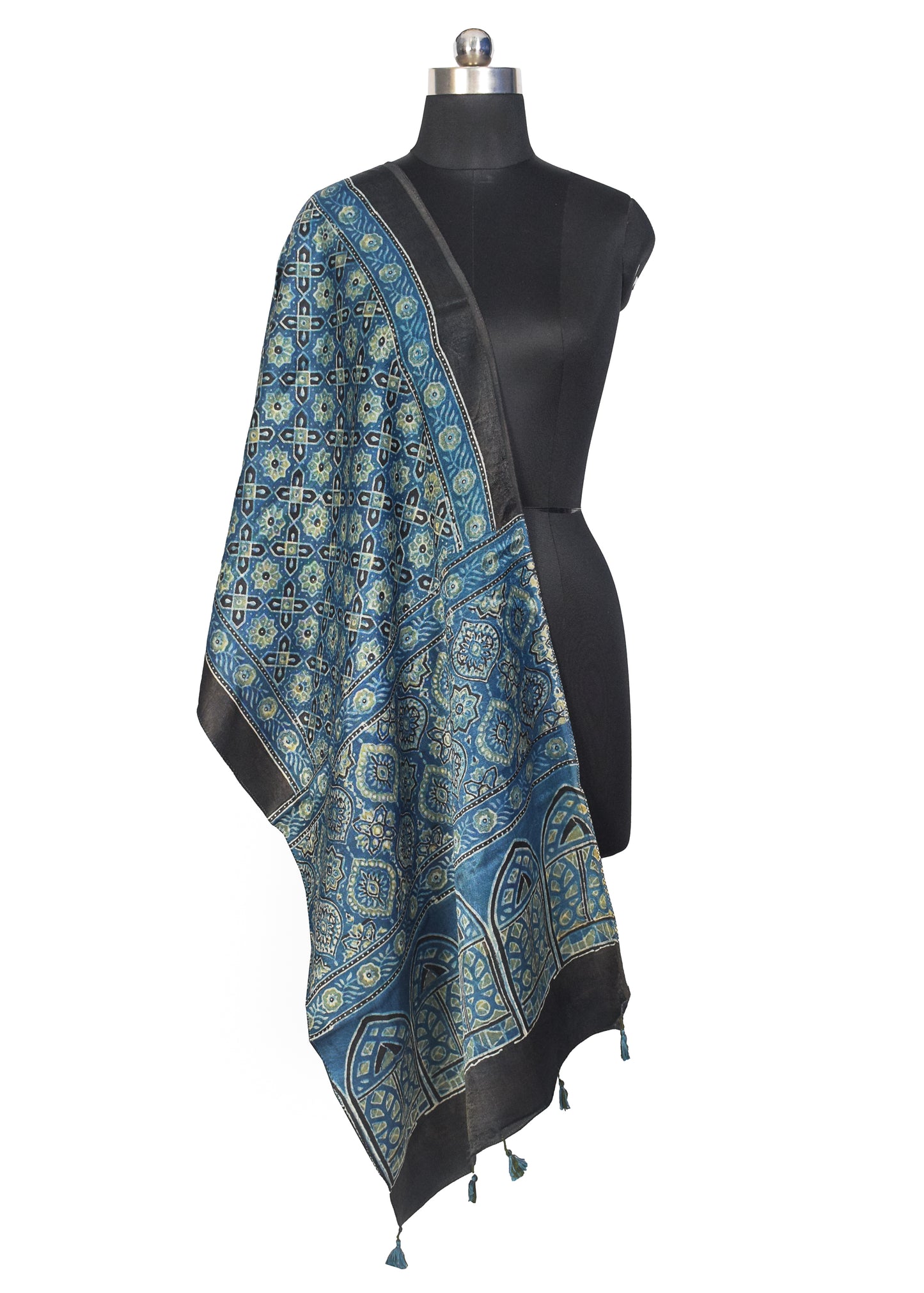 Ajrakh Mashru Silk Natural Dye Hand Block Print Stole With Tassels - 2 Mtr Length    -  SKU : MS10B0AH