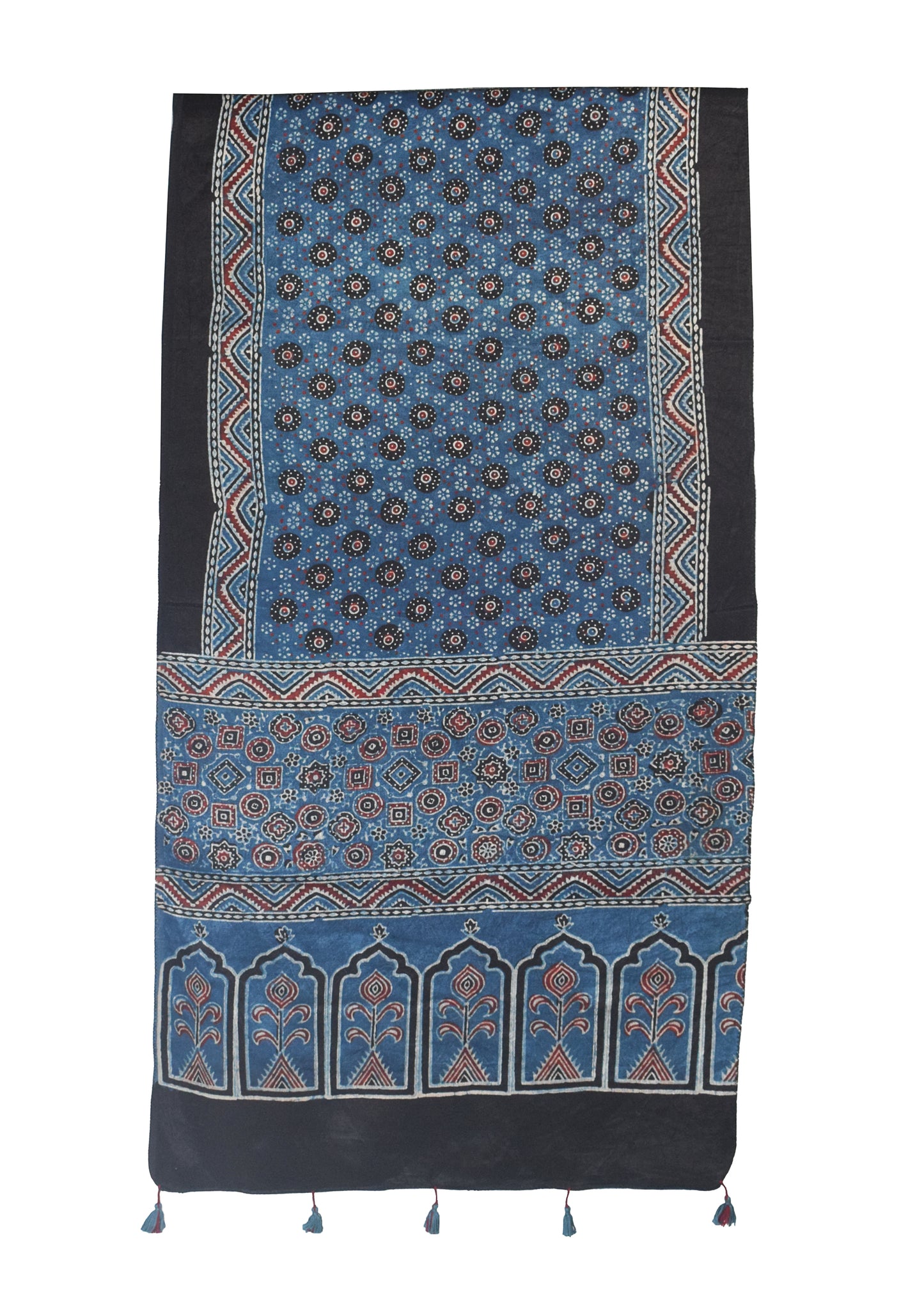 Ajrakh Mashru Silk Natural Dye Hand Block Print Stole With Tassels - 2 Mtr Length    -  SKU : MS10B0AK