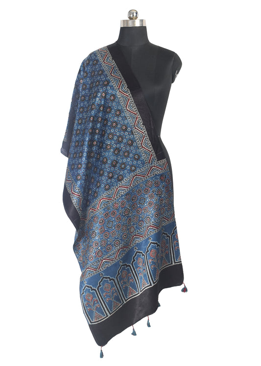 Ajrakh Mashru Silk Natural Dye Hand Block Print Stole With Tassels - 2 Mtr Length - SKU : MS10B0AK