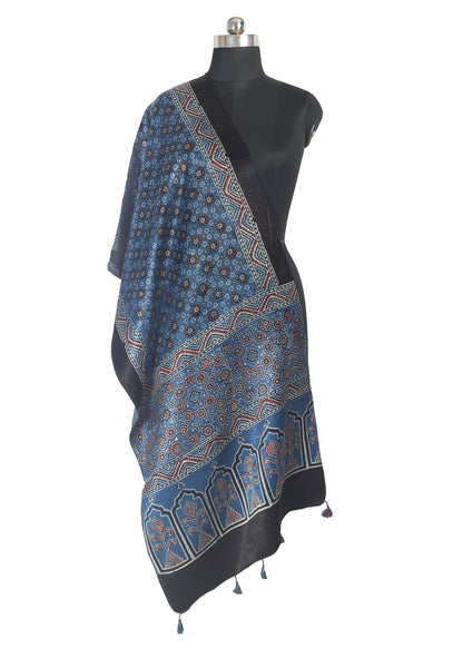 Ajrakh Mashru Silk Natural Dye Hand Block Print Stole With Tassels - 2 Mtr Length    -  SKU : MS10B0AK