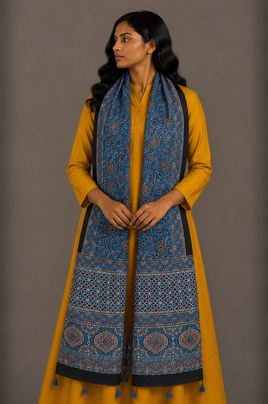 Ajrakh Mashru Silk Natural Dye Hand Block Print Stole With Tassels - 2 Mtr Length    -  SKU : MS10B0AM