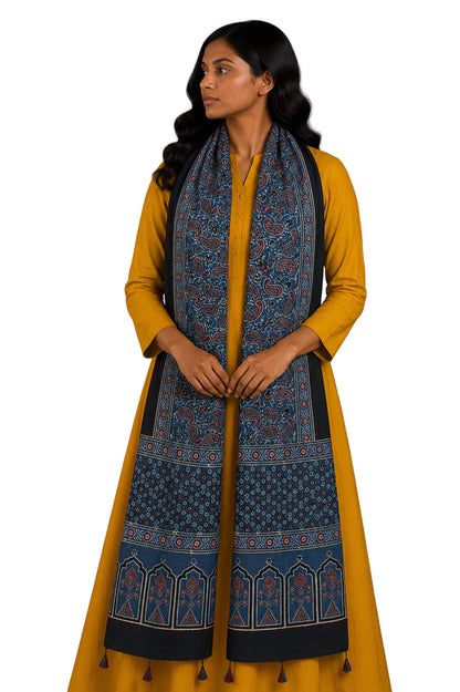Ajrakh Mashru Silk Natural Dye Hand Block Print Stole With Tassels - 2 Mtr Length    -  SKU : MS10B0AM