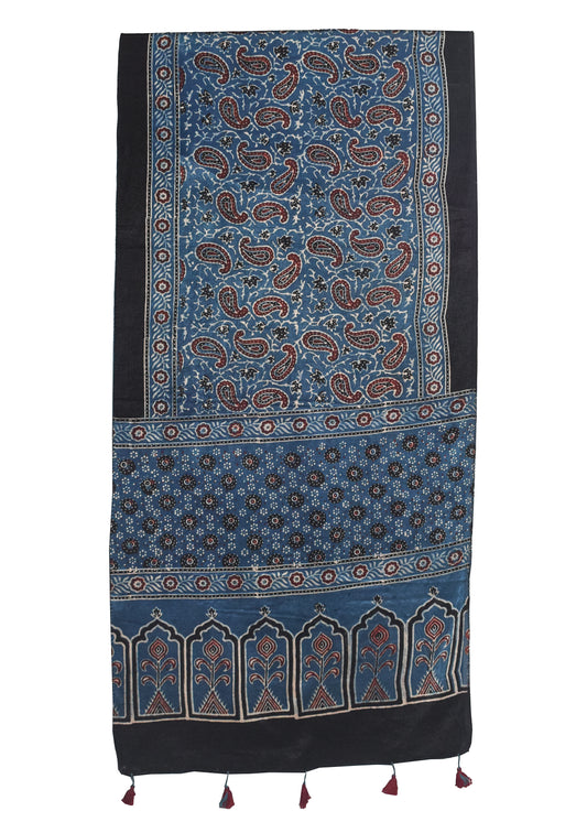 Ajrakh Mashru Silk Natural Dye Hand Block Print Stole With Tassels - 2 Mtr Length - SKU : MS10B0AM