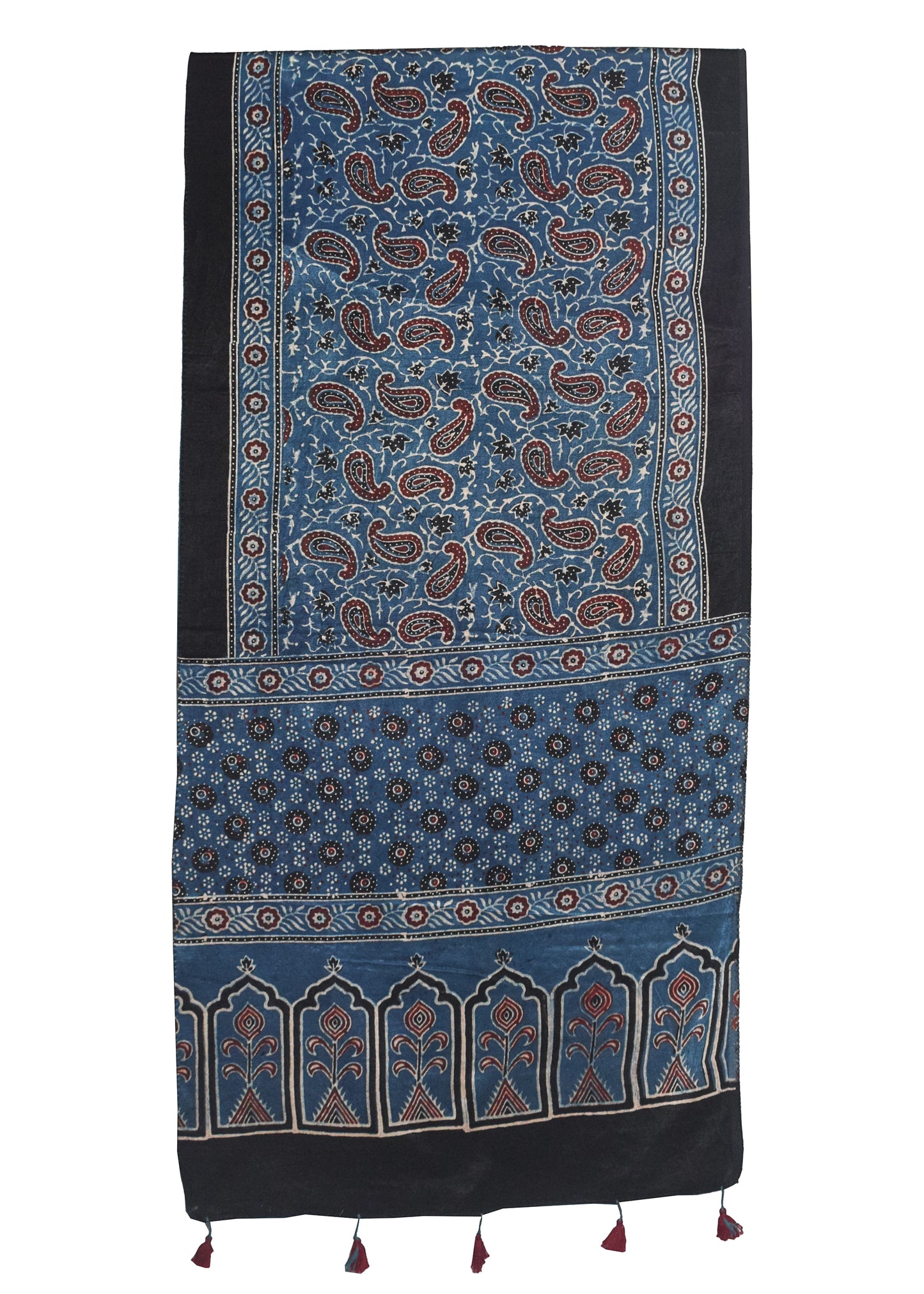Ajrakh Mashru Silk Natural Dye Hand Block Print Stole With Tassels - 2 Mtr Length    -  SKU : MS10B0AM