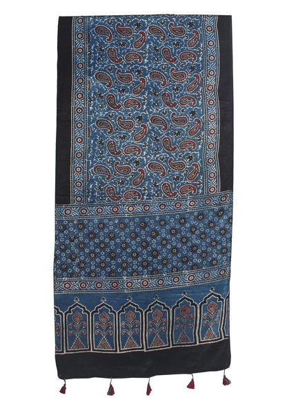 Ajrakh Mashru Silk Natural Dye Hand Block Print Stole With Tassels - 2 Mtr Length    -  SKU : MS10B0AM