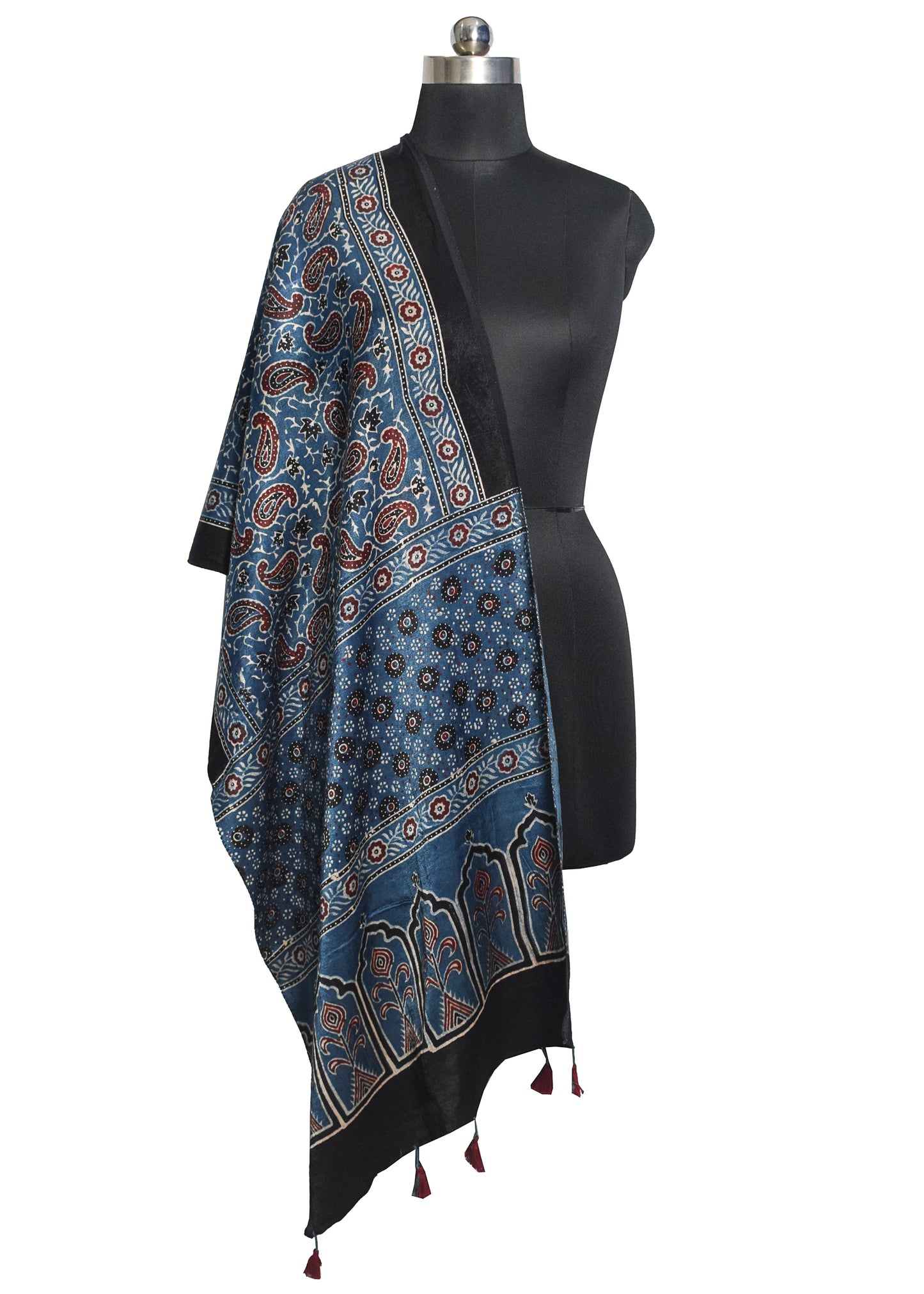 Ajrakh Mashru Silk Natural Dye Hand Block Print Stole With Tassels - 2 Mtr Length    -  SKU : MS10B0AM