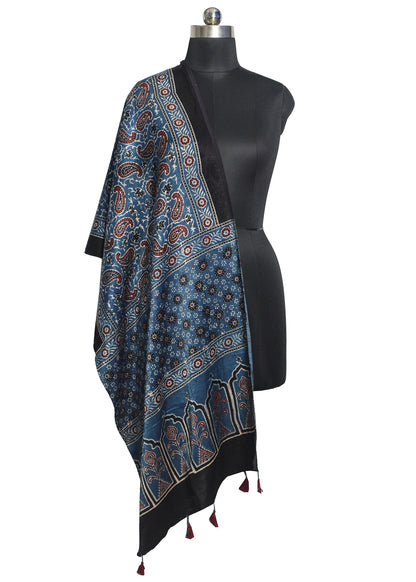 Ajrakh Mashru Silk Natural Dye Hand Block Print Stole With Tassels - 2 Mtr Length    -  SKU : MS10B0AM