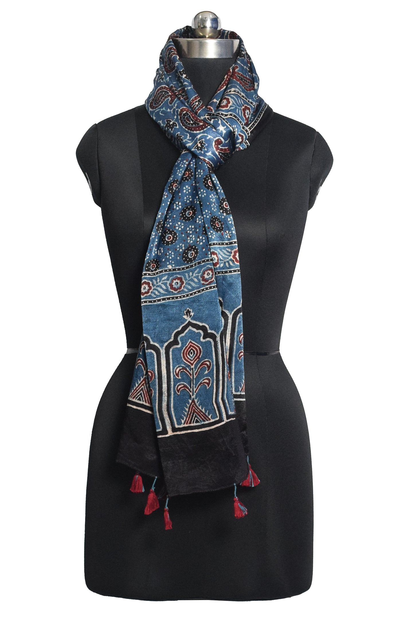 Ajrakh Mashru Silk Natural Dye Hand Block Print Stole With Tassels - 2 Mtr Length    -  SKU : MS10B0AM