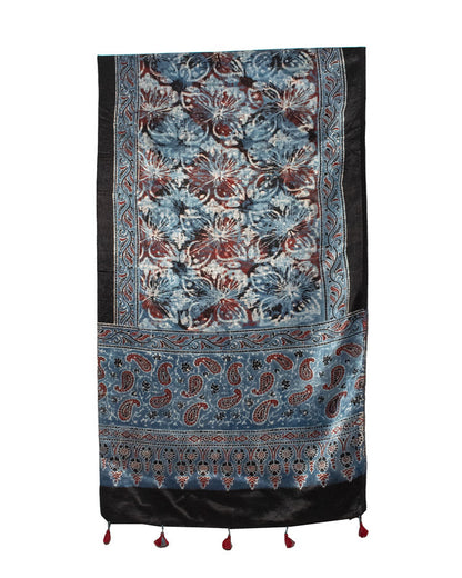 Ajrakh Mashru Silk Natural Dye Hand Block Print Stole With Tassels     -  SKU : MS20602Z