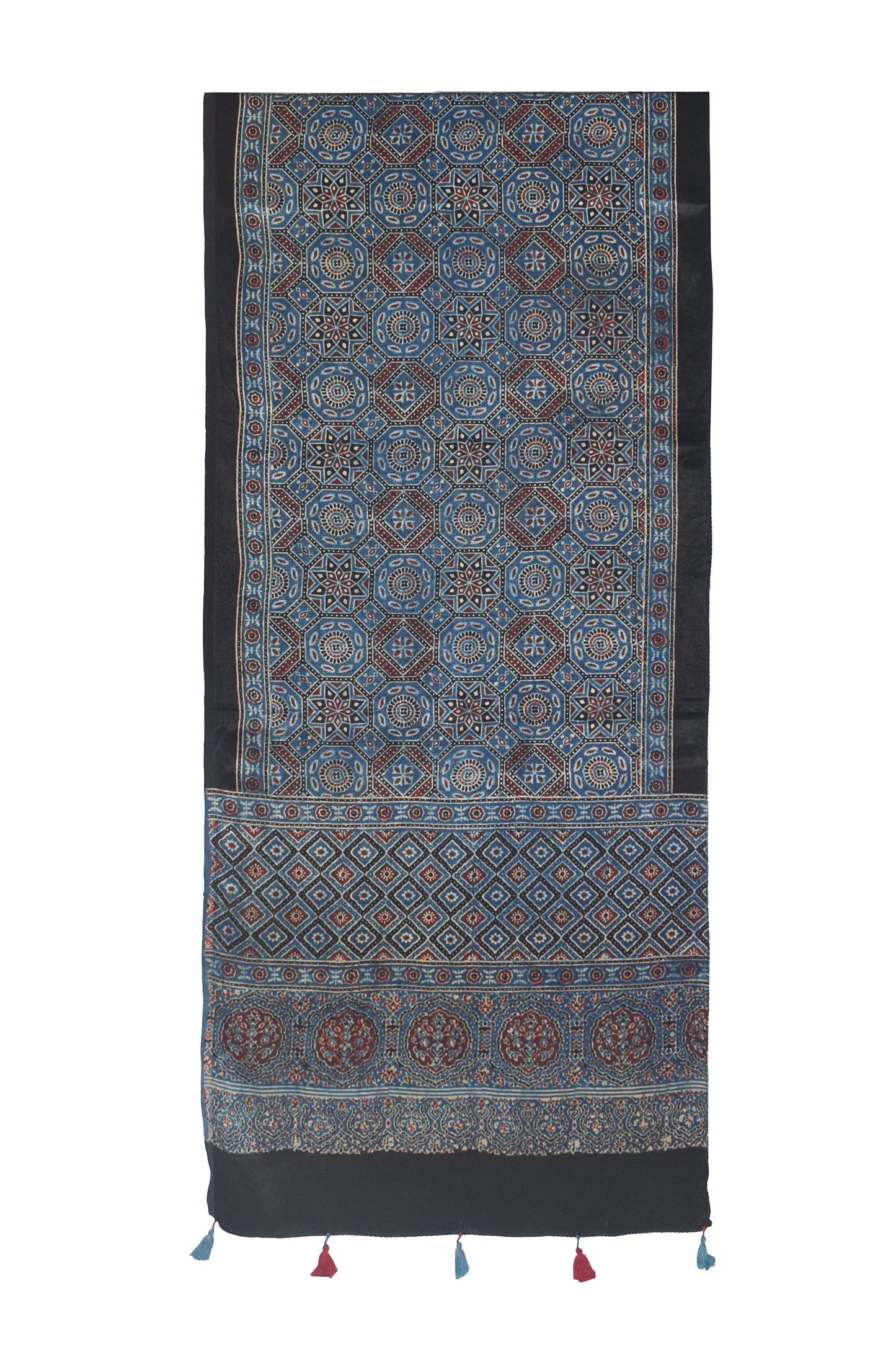 Ajrakh Mashru Silk Natural Dye Hand Block Print Stole With Tassels     -  SKU : MS20602U