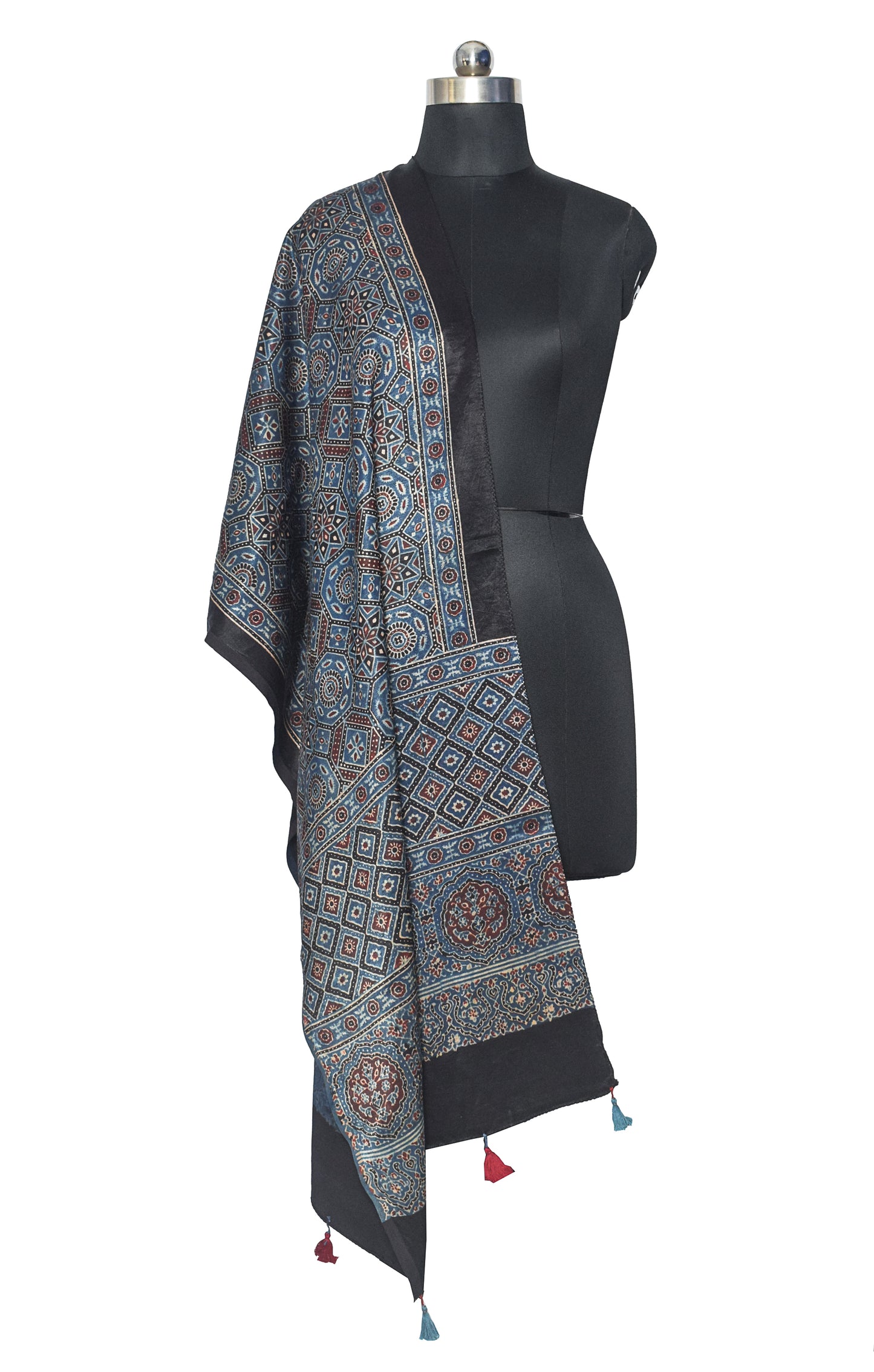 Ajrakh Mashru Silk Natural Dye Hand Block Print Stole With Tassels     -  SKU : MS20602U