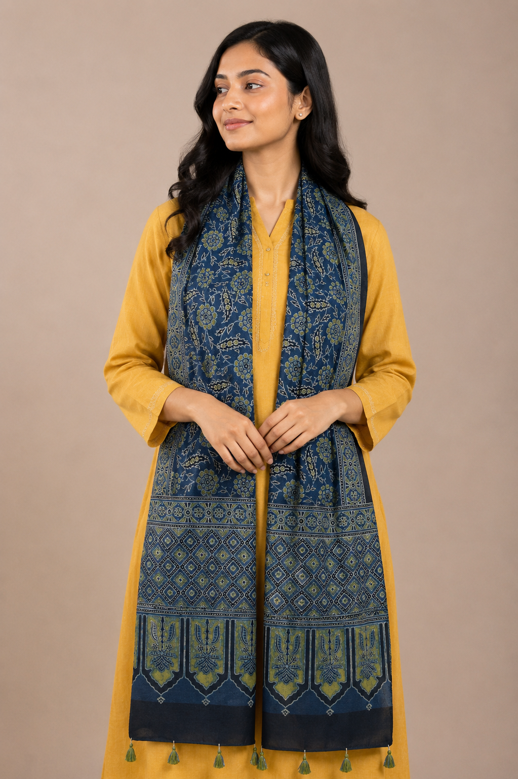 Ajrakh Mashru Silk Natural Dye Hand Block Print Stole With Tassels - 2 Mtr Length    -  SKU : AI21702A