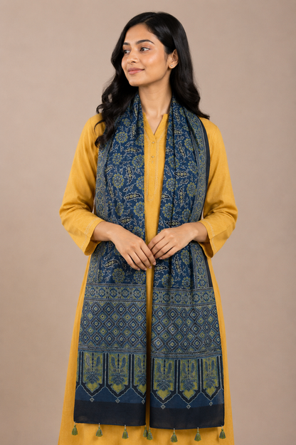 Ajrakh Mashru Silk Natural Dye Hand Block Print Stole With Tassels - 2 Mtr Length    -  SKU : AI21702A
