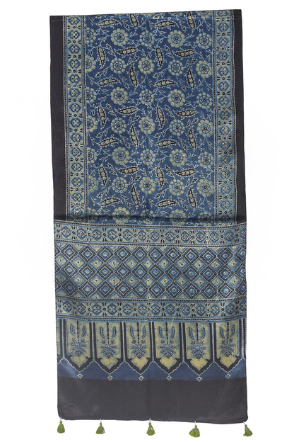 Ajrakh Mashru Silk Natural Dye Hand Block Print Stole With Tassels - 2 Mtr Length    -  SKU : AI21702A